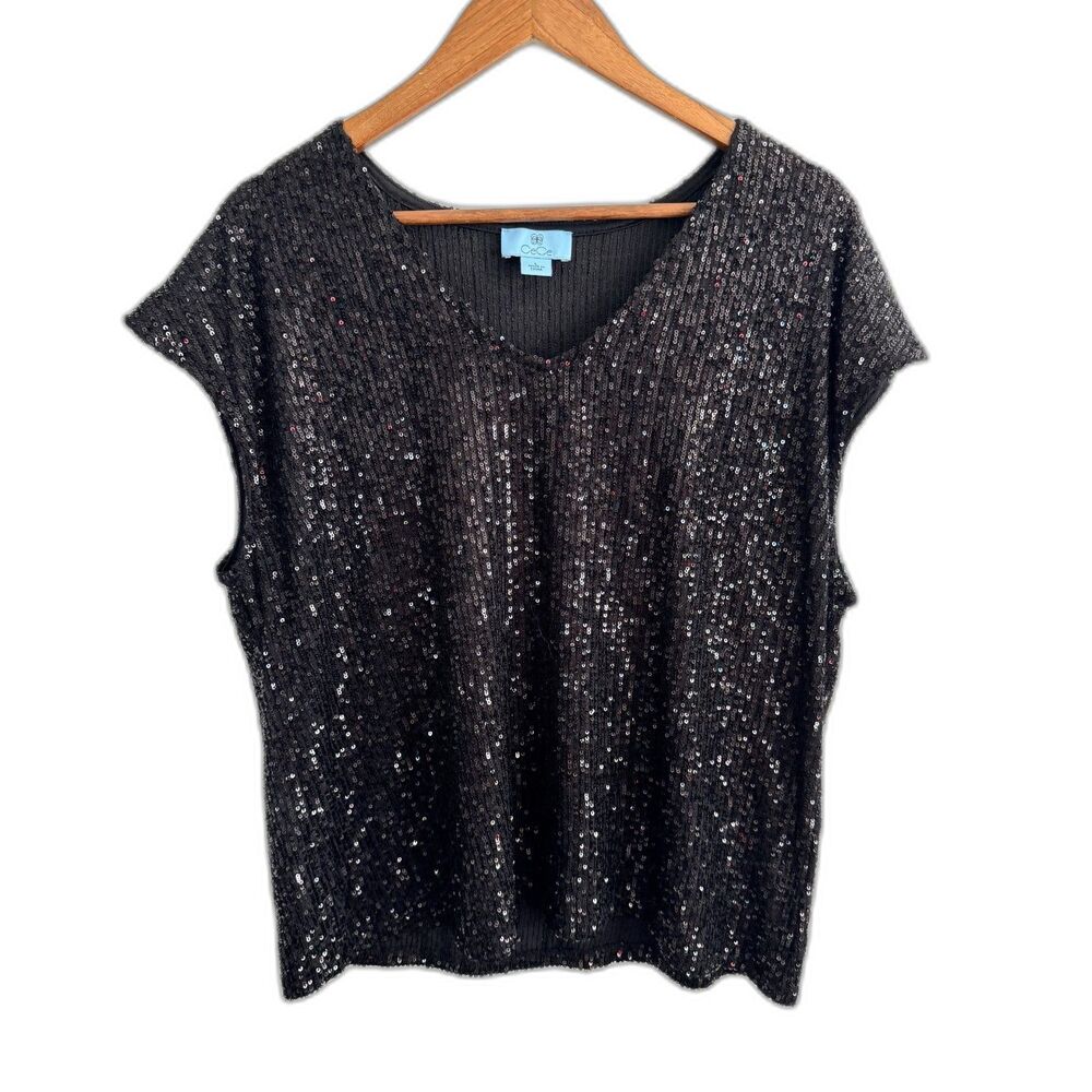 CeCe Womens Large Black Sequin V Neck Blouse Cap Sleeve Party Holiday Sparkle